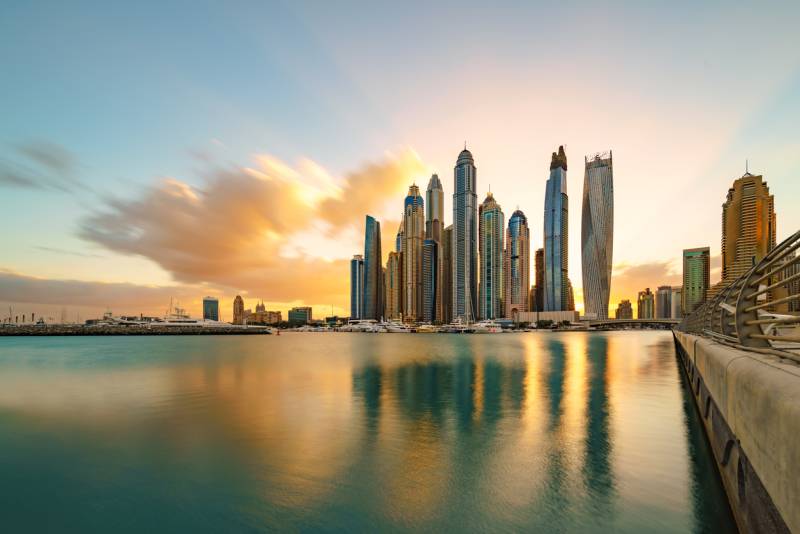Skyline de Dubaï Business Bay au coucher du soleil, symbole d’environnement fiscal attractif